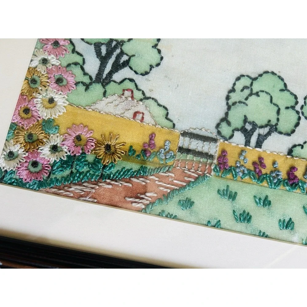 Vintage needle‎ point picture floral wood antique Framed 11x14 tapestry Farm